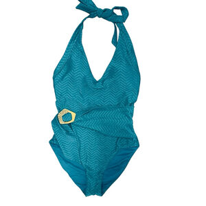 Trina Turk Size 4 Teal‎ Green Halter 1 Piece Swimsuit with Gold Buckle NWT